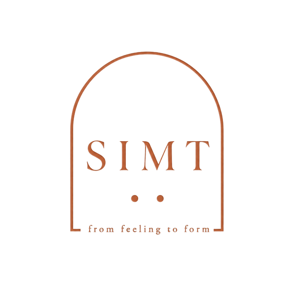 A minimalist logo design featuring an arch shape, the word 'SIMT’, two dots, and the tagline 'from feeling to form' in warm terracotta on a textured background.